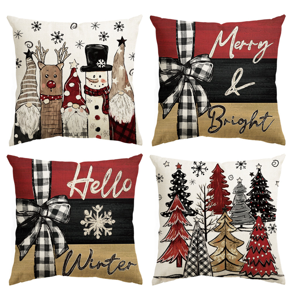 Merry Bright Hello Winter Gnome Deer Snowman Trees Christmas Pillow Covers Set of 4, 18x18 Inch