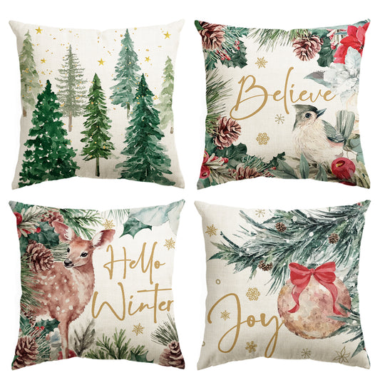 Joy Ball Winter Trees Believe Christmas Pillow Cover Set of 4, 18x18 Inch