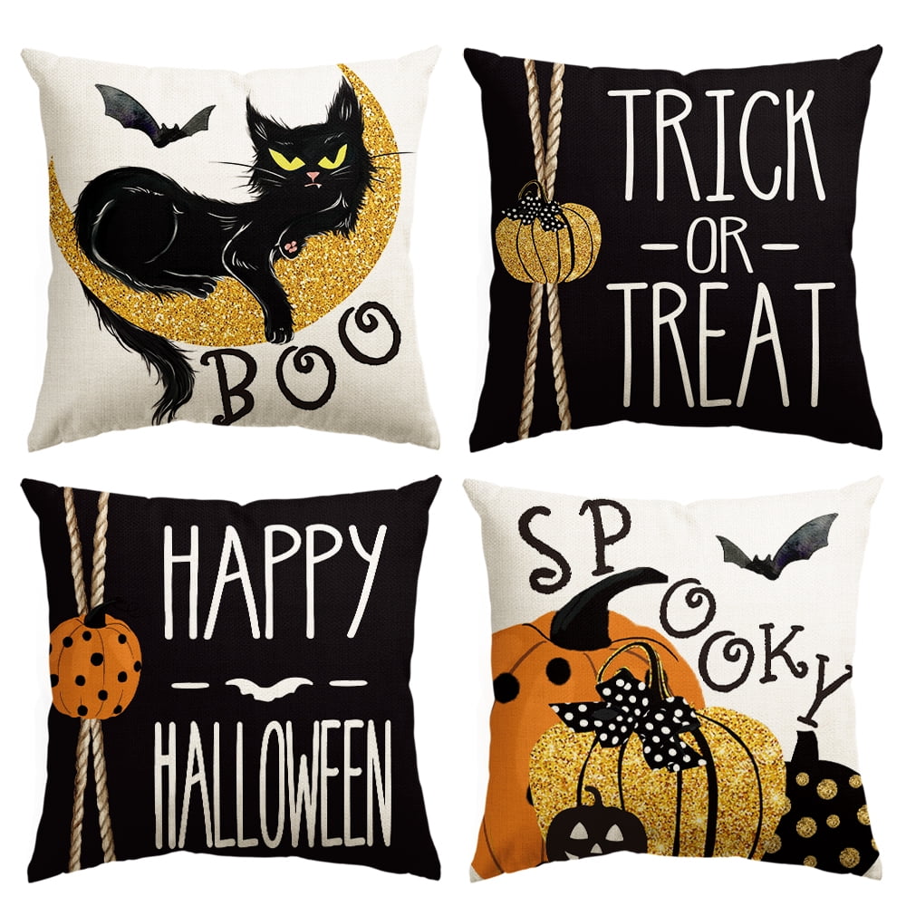 Trick or Treat Cat Happy Halloween Pillow Covers 18 x 18 Inch Set of 4