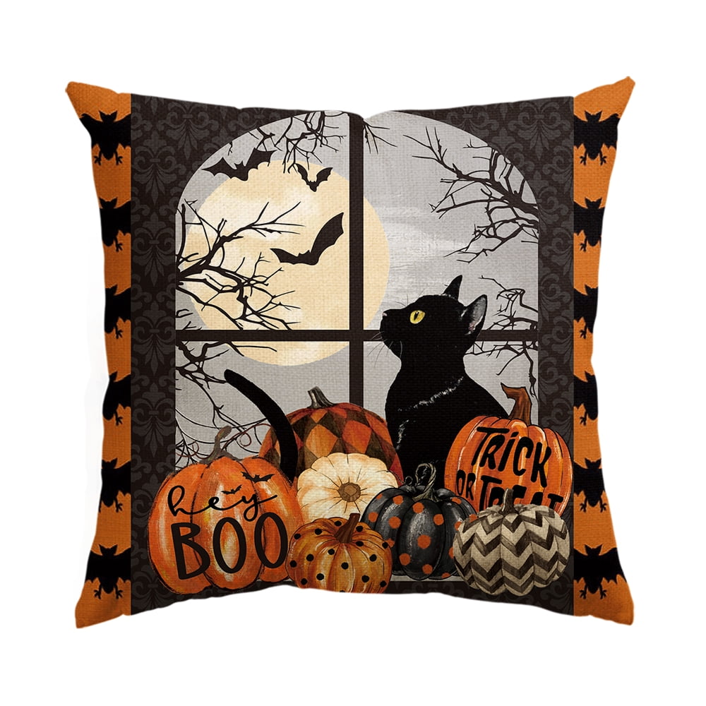 Pumpkin Bat Trick or Treat Cat Halloween Pillow Cover 18 x 18 Inch