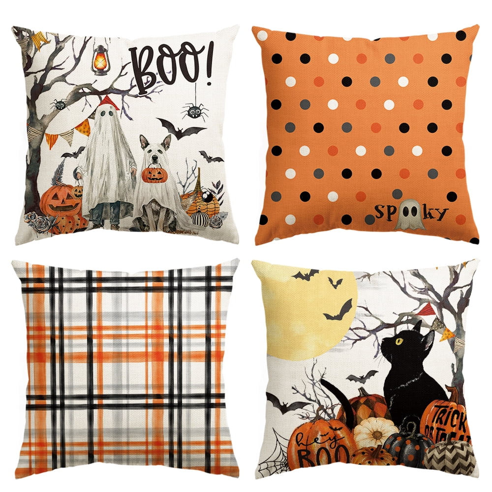 Polka Dot Striped Black Cat Boo Ghost Halloween Throw Pillow Cover 18 x 18 Inch Decorative Outdoor Cushion Covers Set of 4