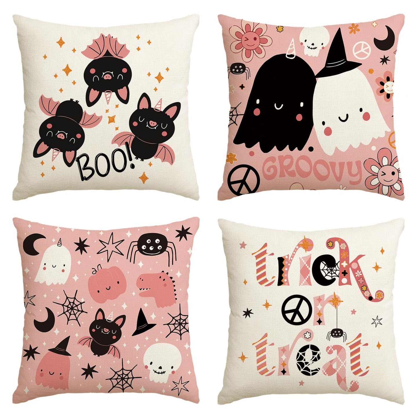 Trick or Treat Boo Ghost Spider Web Spooky Halloween Pillow Covers Pink Set of 4, 18 x 18 Inch