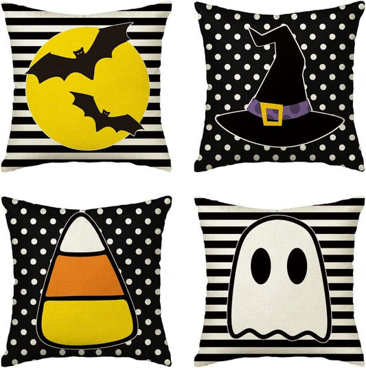 Polka Dot Stripe Bat Ghost Halloween Throw Pillow Covers 4-Pack 18 x 18 Inch