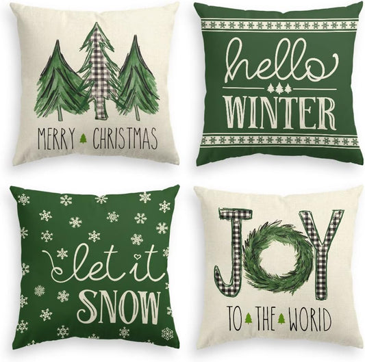 AVOIN colorlife Merry Christmas Trees Mottos Green Throw Pillow Covers, 18 x 18 Inch Hello Winter Let it Snow Holiday Cushion Case Decoration for Sofa Couch Set of 4