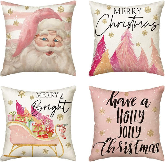 AVOIN colorlife Pink Christmas Stripes Santa Christmas Tree Sleigh Stocking Gift Throw Pillow Covers, 18 x 18 Inch Winter Holiday Cushion Case Decoration for Sofa Couch Set of 4