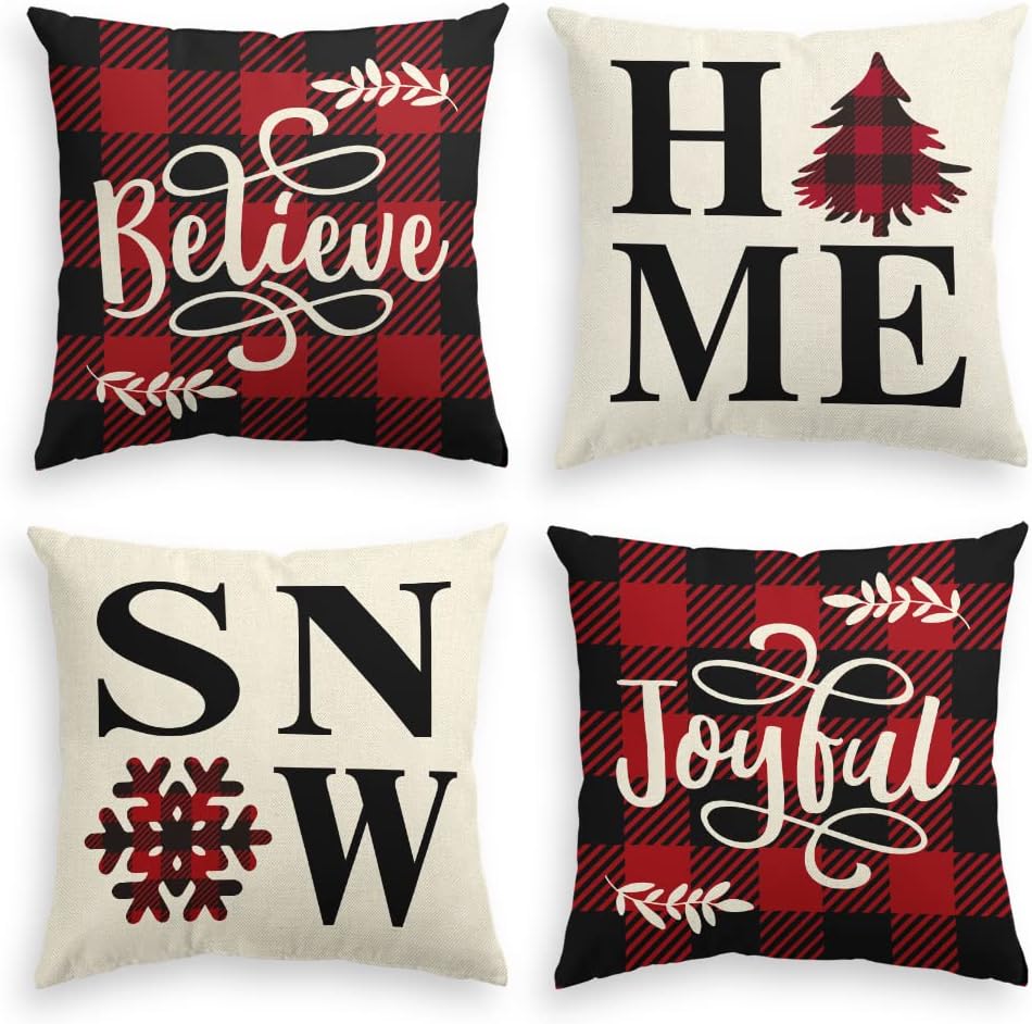 AVOIN Buffalo Plaid Believe Joyful Home Snow Throw Pillow Cover, 18 x 18 Inch Christmas Winter Holiday Snowflake Cushion Case Decoration for Sofa Couch Set of 4