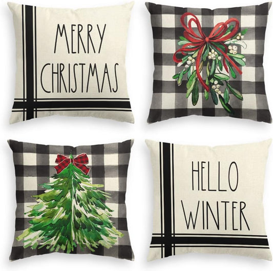 AVOIN colorlife Merry Christmas Tree Buffalo Plaid Check Mistletoe Throw Pillow Covers, 18 x 18 Inch Hello Winter Holiday Party Cushion Case Decoration for Sofa Couch Set of 4