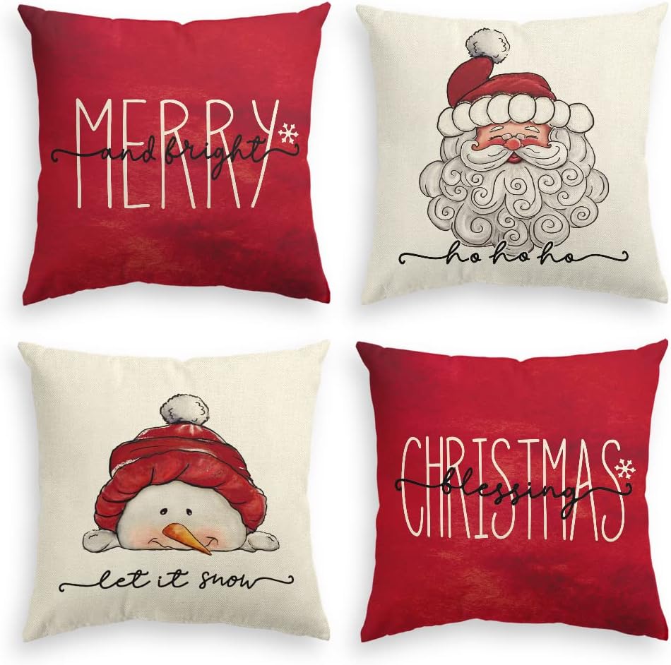 AVOIN colorlife Christmas Blessing Santa Claus Snowman Throw Pillow Covers, 18 x 18 Inch Winter Holiday Cushion Case Decoration for Sofa Couch Set of 4