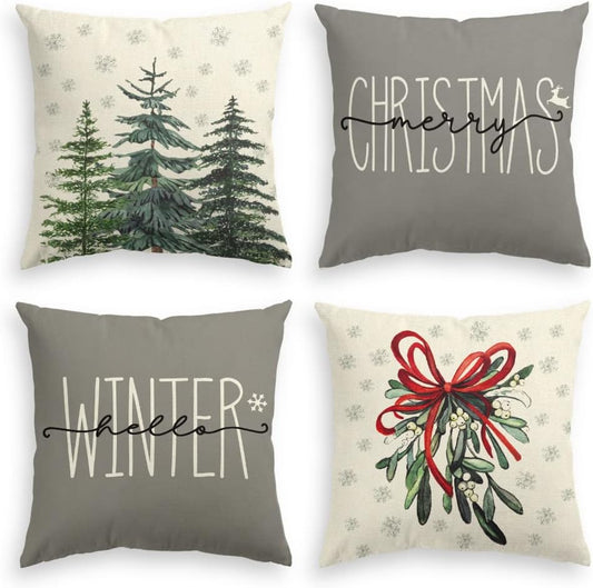 AVOIN colorlife Merry Christmas Tree Hello Winter Throw Pillow Covers, 18 x 18 Inch Mistletoe Pine Spruce Holiday Cushion Case Decoration for Sofa Couch Set of 4