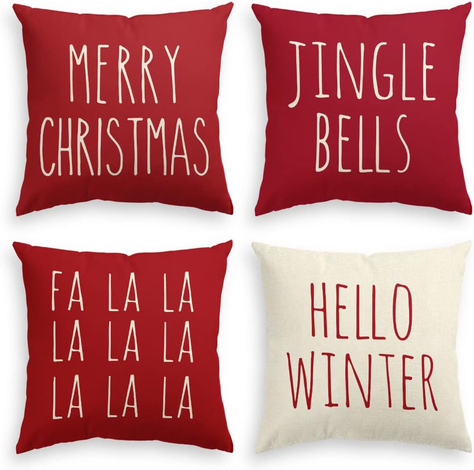 AVOIN Christmas Saying Throw Pillow Cover, 18 x 18 Inch Merry Christmas Jingle Bells Hello Winter FA La La Holiday Cushion Case Decoration for Sofa Couch Set of 4