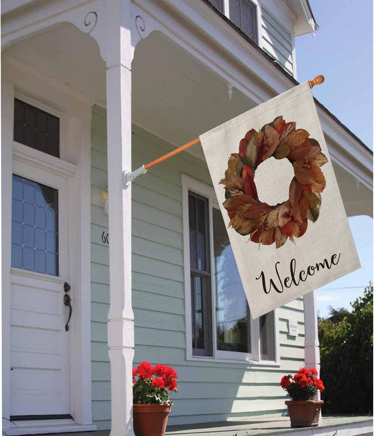 AVOIN Blooming Fall Magnolia Leaf Wreath Welcome House Flag Vertical Double Sized, Seasonal Autumn Thanksgiving Yard Outdoor Decoration 28 x 40 Inch