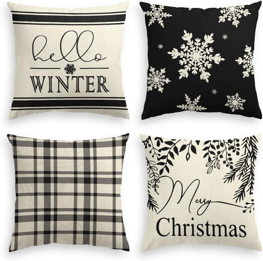 AVOIN colorlife Merry Christmas Hello Winter Buffalo Plaid Snowflake Throw Pillow Cover, 18 x 18 Inch Winter Holiday Cushion Case Decoration for Sofa Couch Set of 4