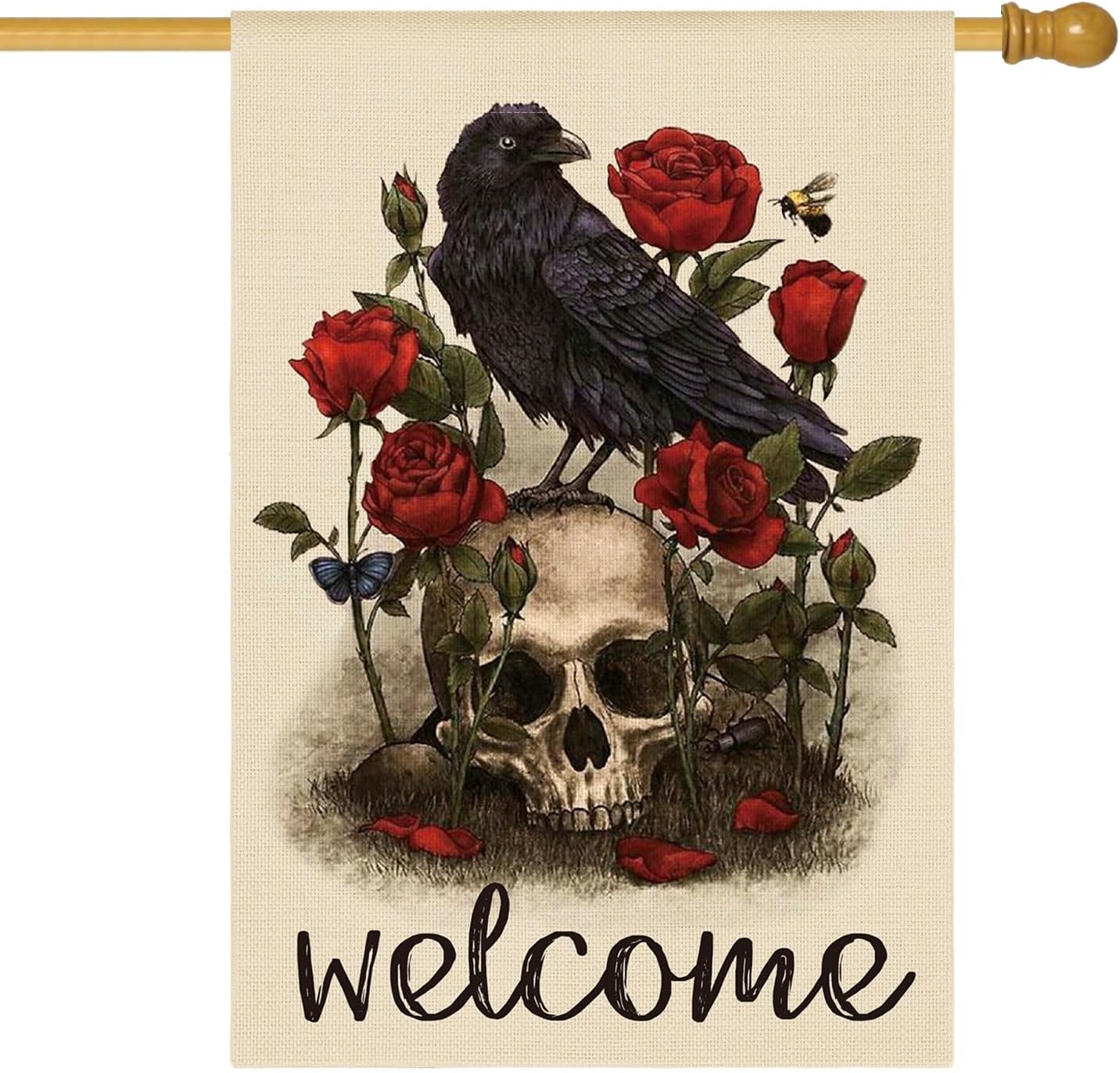 AVOIN colorlife Halloween Welcome Skull Rose Crow House Flag Double Sided, Day of the Dead Holiday Yard Outdoor Decorative Flag 28 x 40 Inch