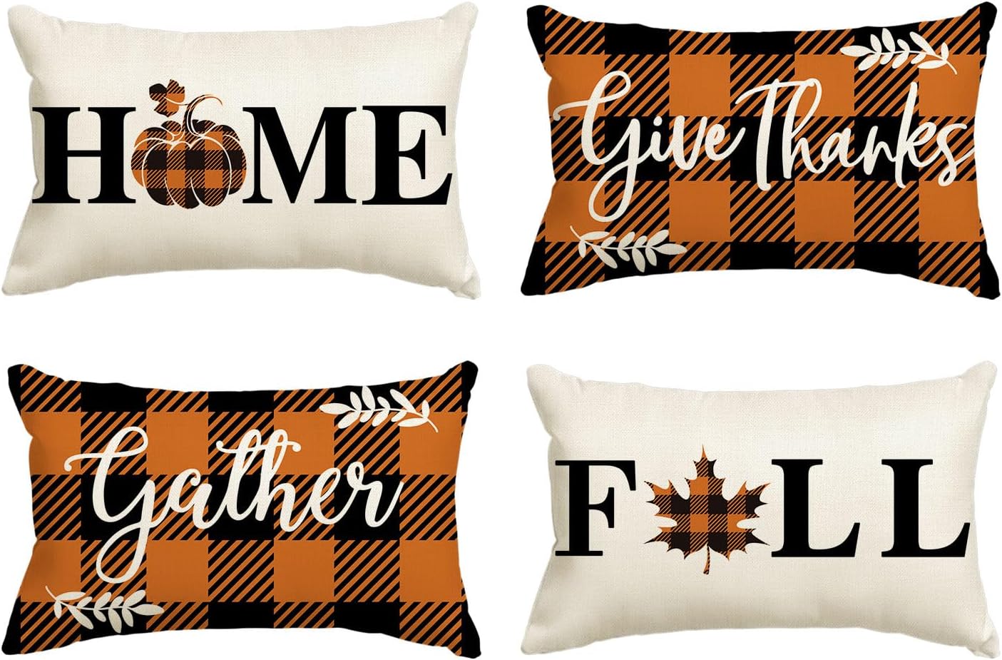 AVOIN colorlife Home Fall Buffalo Check Plaid Pumpkin Maple Leaf Throw Pillow Cover, 18 x 18 Inch Autumn Give Thanks Gather Farmhouse Cushion Case for Sofa Couch Set of 4