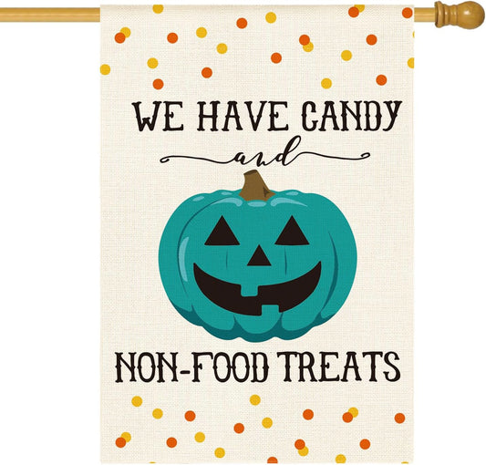 AVOIN colorlife Halloween Teal Pumpkin Jack-O'-Lantern House Flag Double Sided, We Have Candy Non-Food Treats Available Here Yard Outdoor Decorative Flag 28 x 40 Inch