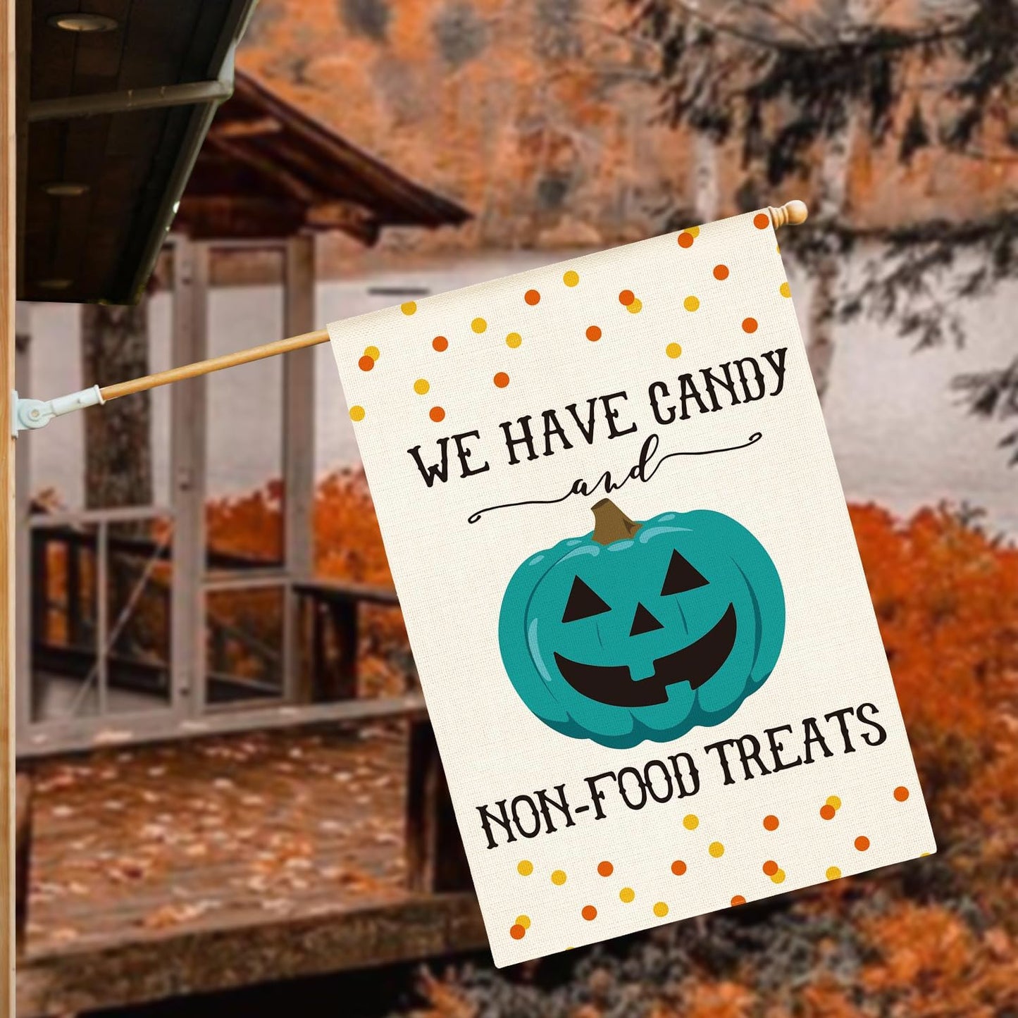 AVOIN colorlife Halloween Teal Pumpkin Jack-O'-Lantern House Flag Double Sided, We Have Candy Non-Food Treats Available Here Yard Outdoor Decorative Flag 28 x 40 Inch