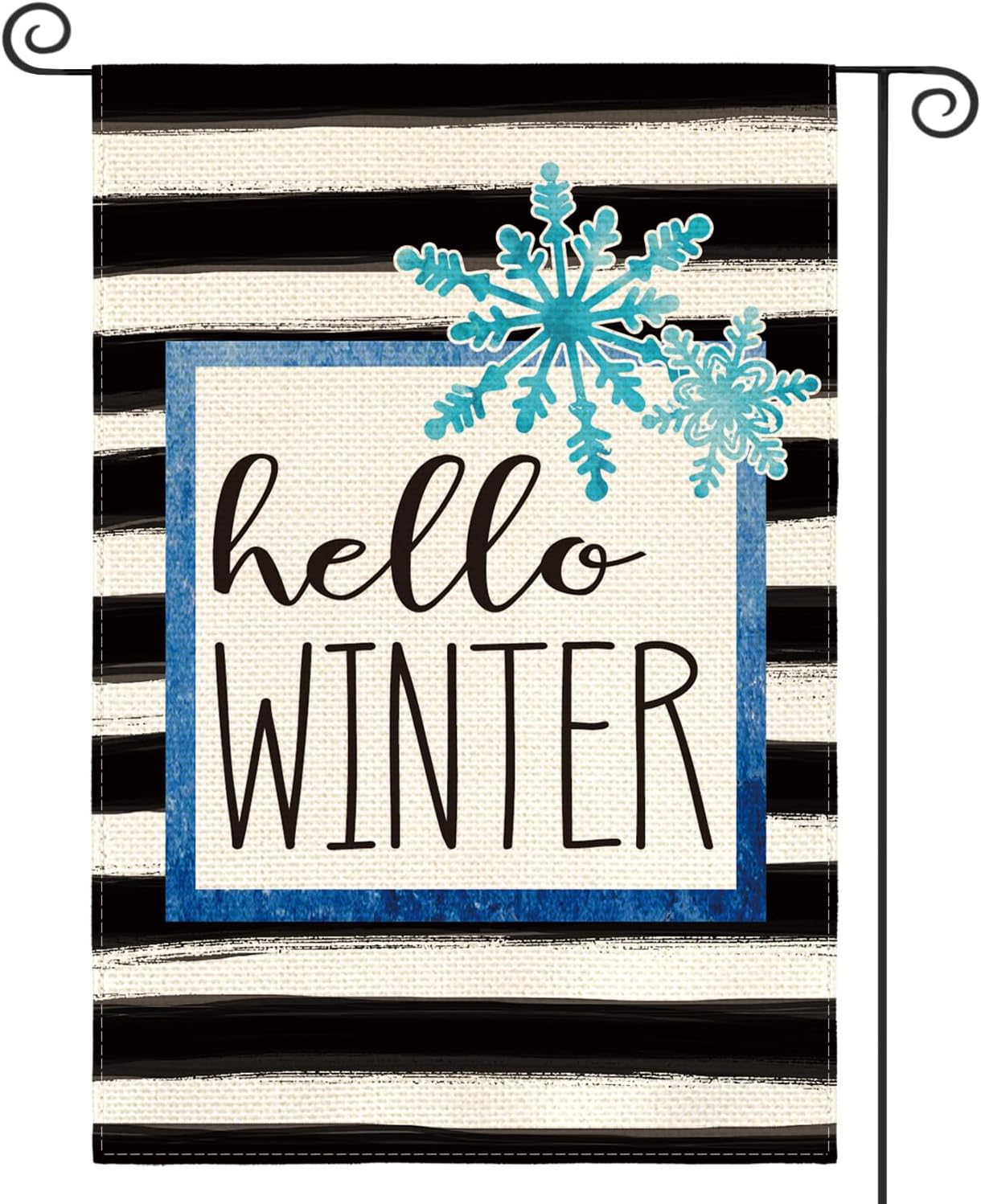 AVOIN Watercolor Stripe Hello Winter Snowflake Garden Flag 12 x 18 Inch Double Sided, Christmas Holiday Party Yard Outdoor Decorative Flag