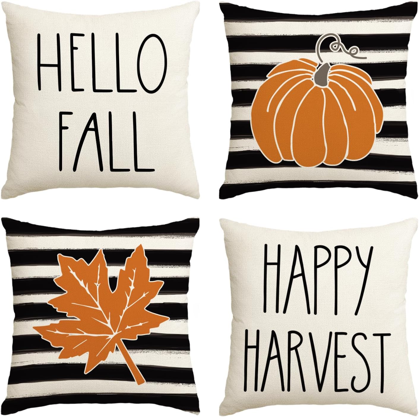 AVOIN colorlife Hello Fall Watercolor Stripes Pumpkin Leaf Throw Pillow Cover Happy Harvest, 18 x 18 Inch Autumn Thanksgiving Farmhouse Cushion Case for Sofa Couch Set of 4