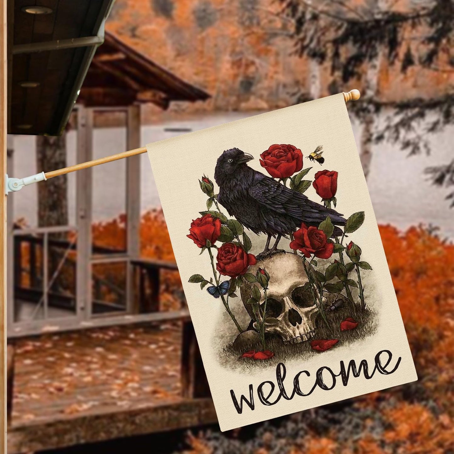 AVOIN colorlife Halloween Welcome Skull Rose Crow House Flag Double Sided, Day of the Dead Holiday Yard Outdoor Decorative Flag 28 x 40 Inch