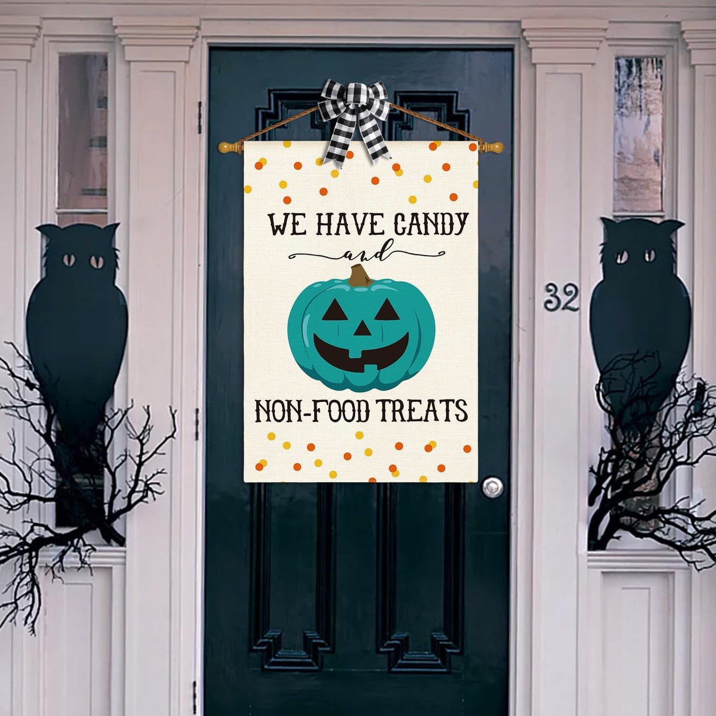 AVOIN colorlife Halloween Teal Pumpkin Jack-O'-Lantern House Flag Double Sided, We Have Candy Non-Food Treats Available Here Yard Outdoor Decorative Flag 28 x 40 Inch