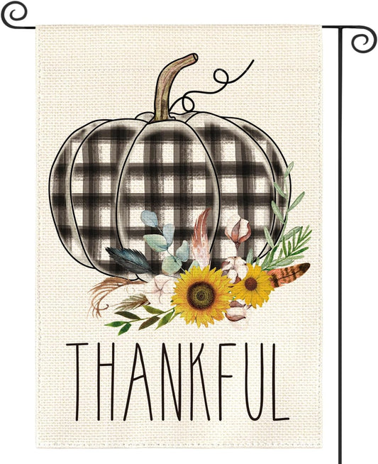 AVOIN colorlife Fall Thanksgiving Garden Flag 12 x 18 Inch Double Sided, Thankful Watercolor Buffalo Plaid Pumpkin Rustic Yard Outdoor Decorative Flag