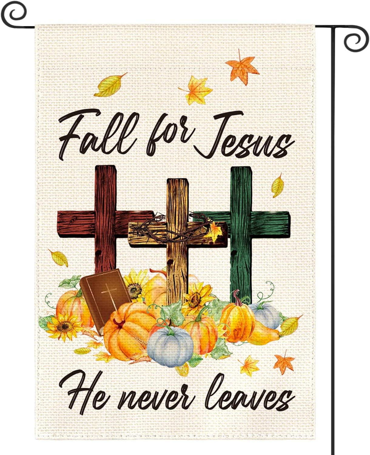 AVOIN colorlife Fall For Jesus He Never leaves Garden Flag 12 x 18 Inch Double Sided Outside, Pumpkin Bible Cross Thanksgiving Holiday Yard Outdoor Decorative Flag