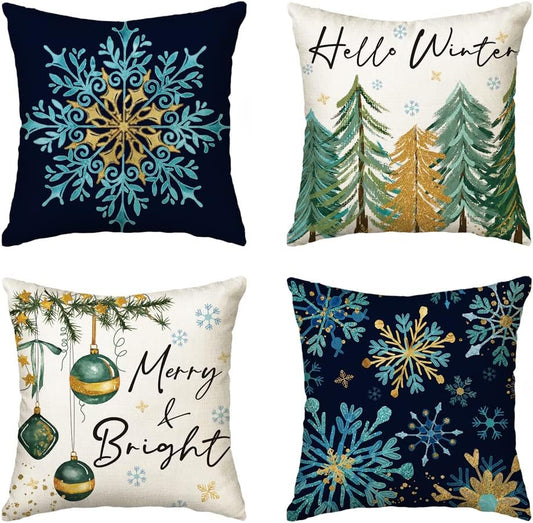 AVOIN colorlife Christmas Merry & Bright Snowflake Tree Ornament Throw Pillow Covers, 18 x 18 Inch Hello Winter Holiday Cushion Case Decoration for Sofa Couch Set of 4