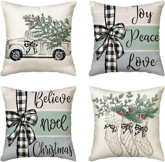 AVOIN colorlife Christmas Tree Truck Stocking Eucalyptus Buffalo Plaid Throw Pillow Covers, 18 x 18 Inch Winter Joy Holiday Cushion Case Decoration for Sofa Couch Set of 4