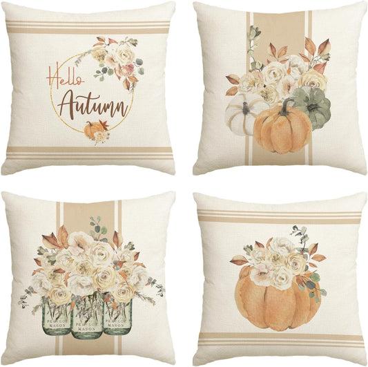 AVOIN colorlife Hello Autumn Flower Pumpkin Fall Throw Pillow Covers, 18 x 18 Inch Pillows Rose Leaves Jar Seasonal Cushion Case for Sofa Couch Set of 4