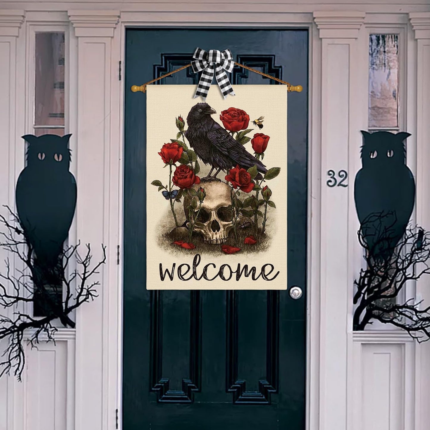 AVOIN colorlife Halloween Welcome Skull Rose Crow House Flag Double Sided, Day of the Dead Holiday Yard Outdoor Decorative Flag 28 x 40 Inch