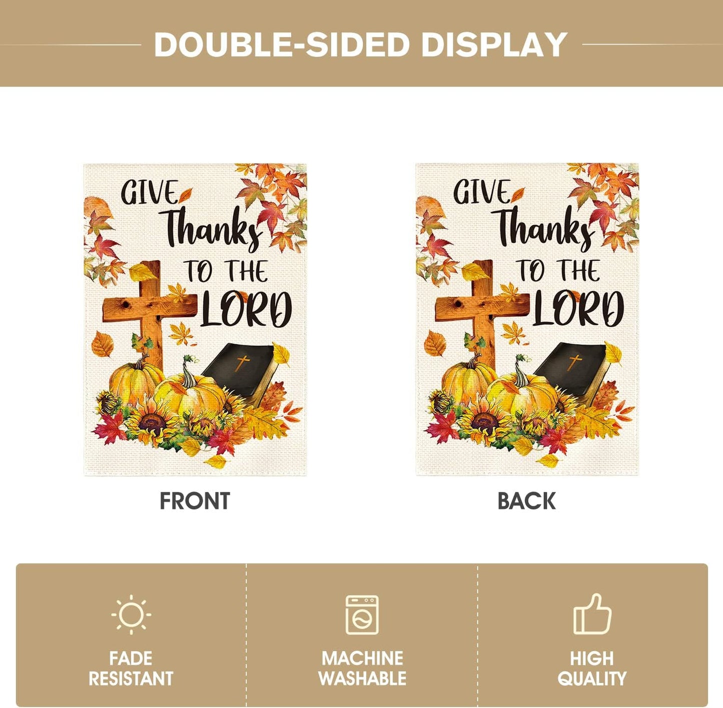 AVOIN colorlife Fall Thanksgiving Give Thanks to The Lord Garden Flag 12 x 18 Inch Double Sided, Pumpkin Maple Leaf Harvest Holiday Yard Outdoor Decorative Flag