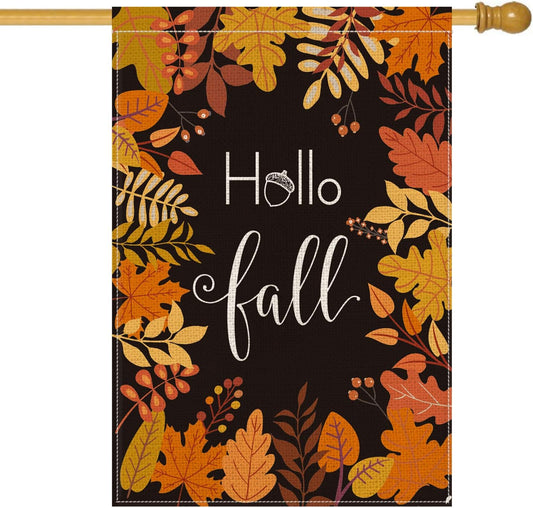 AVOIN Hello Fall Maple Leaf Leaves House Flag Vertical Double Sided, Seasonal Autumn Harvest Vintage Thanksgiving Rustic Yard Outdoor Decoration 28 x 40 Inch