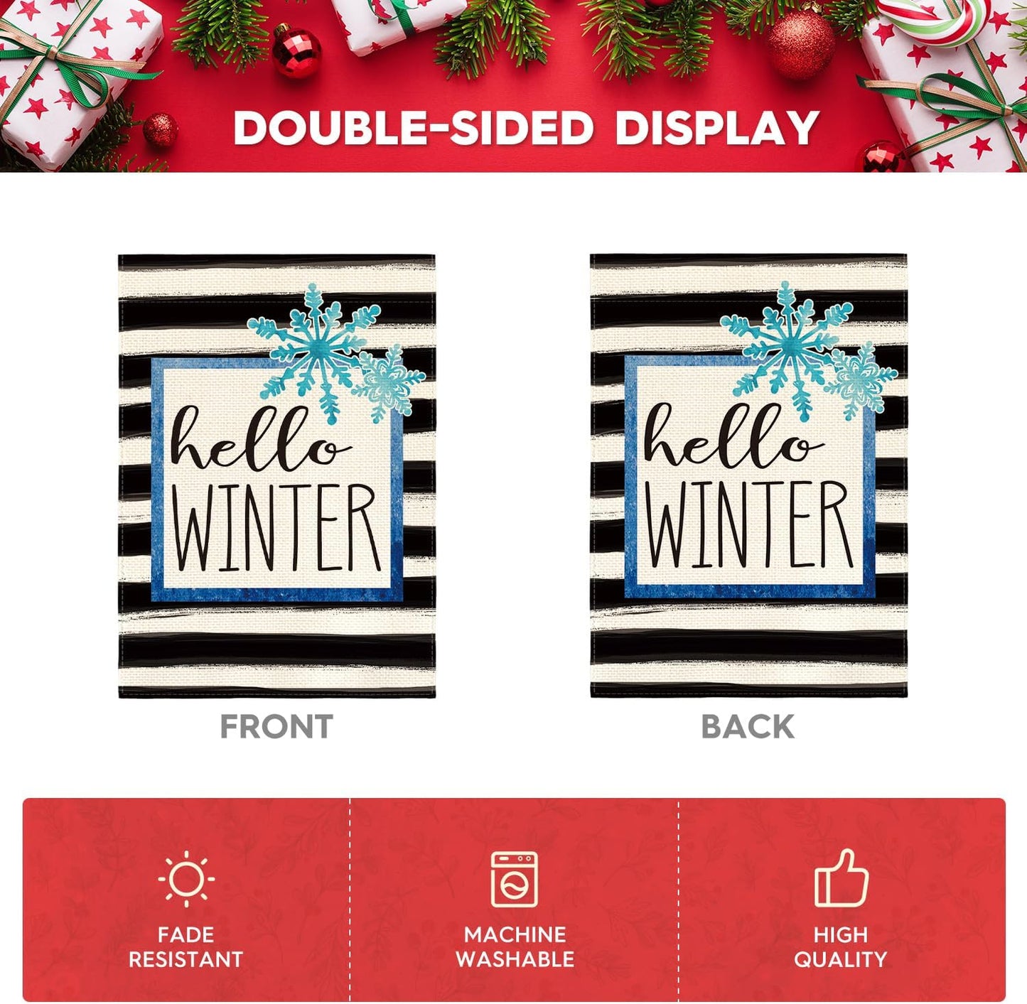 AVOIN Watercolor Stripe Hello Winter Snowflake Garden Flag 12 x 18 Inch Double Sided, Christmas Holiday Party Yard Outdoor Decorative Flag