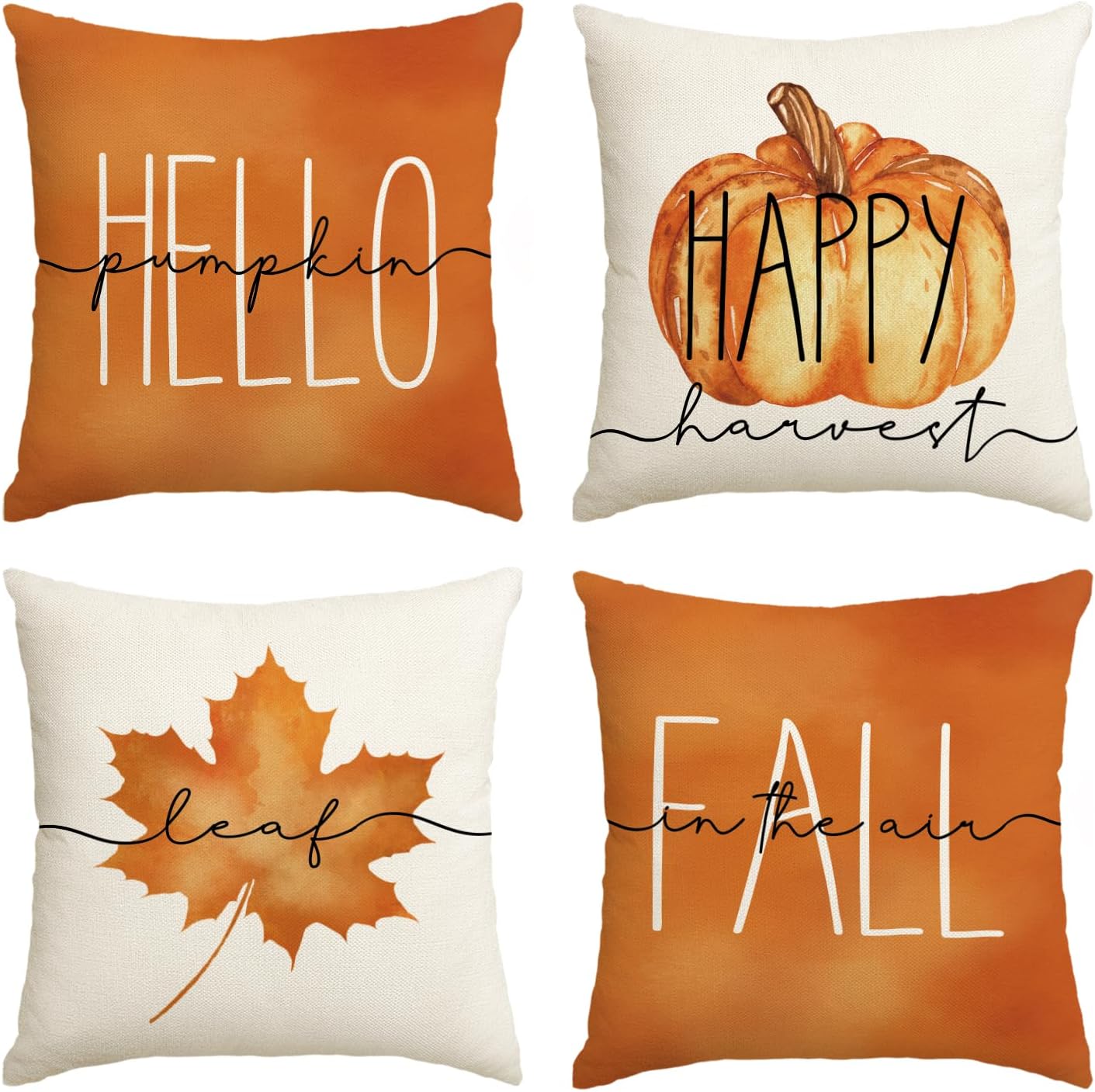 AVOIN colorlife Hello Pumpkin Fall Happy Harvest Maple Leaf Throw Pillow Covers, 18 x 18 Inch Pillows Autumn Seasonal Cushion Case for Sofa Couch Set of 4