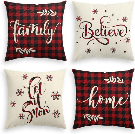 AVOIN Christmas Saying Buffalo Plaid Throw Pillow Cover, 18 x 18 Inch Winter Holiday Farmhouse Cushion Case for Sofa Couch Set of 4