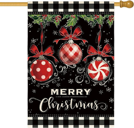 AVOIN colorlife Buffalo Plaid Merry Christmas House Flag 28x40 Inch Double Sided, Ornament Holly Berries Winter Farmhouse Yard Outdoor Decorative Flag