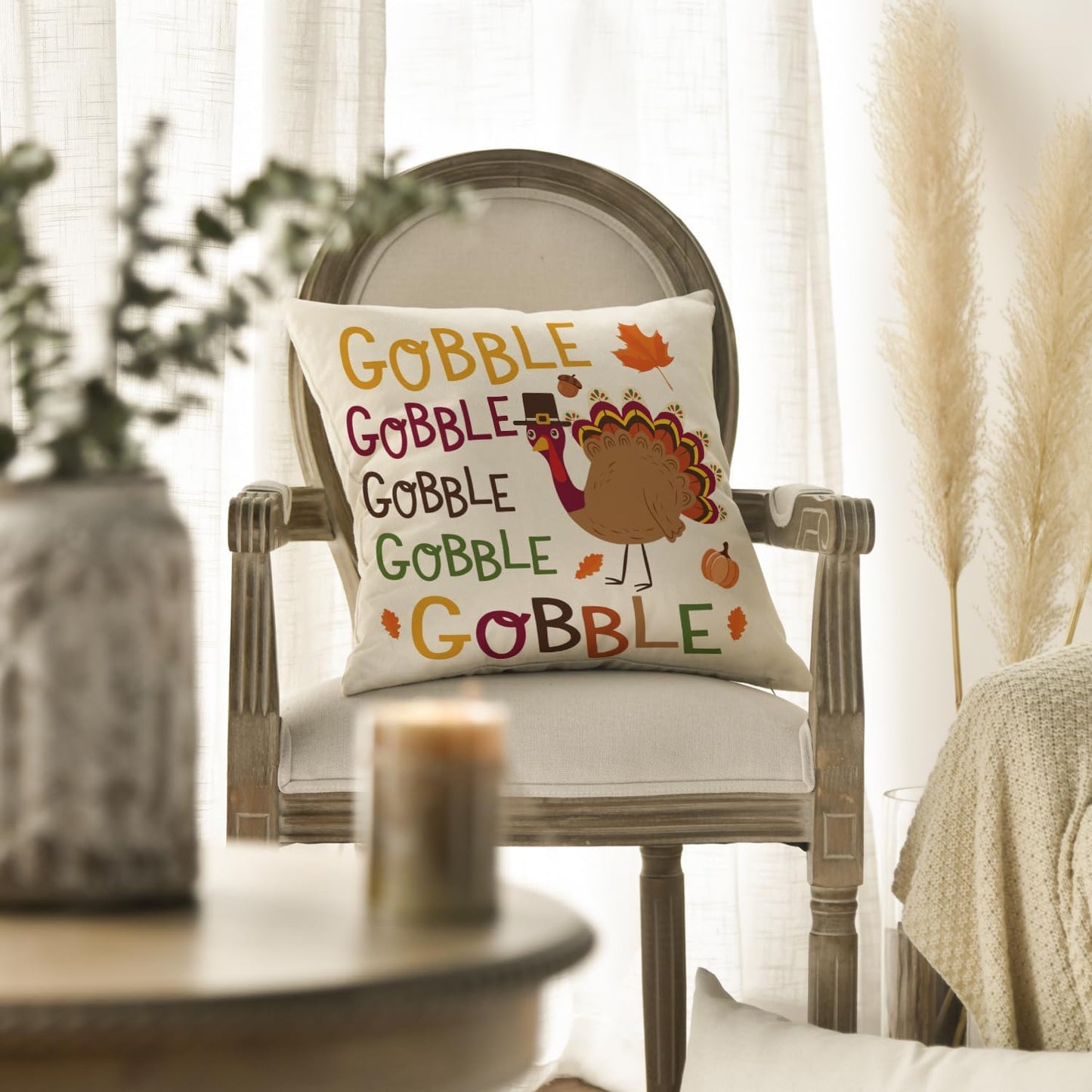 AVOIN Thanksgiving Gobble Gobble Turkey Throw Pillow Cover, 18 x 18 Inch Fall Holiday Cushion Case Decoration for Sofa Couch