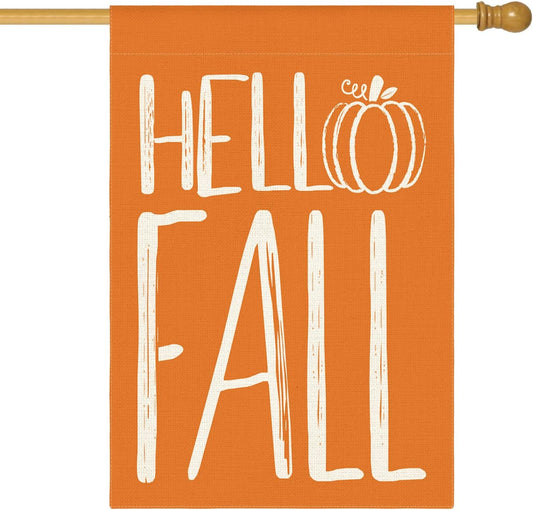 AVOIN colorlife Hello Fall Pumpkin House Flag 28x40 Inch Double Sided Outside, Autumn Seasonal Rustic Yard Outdoor Decorative Flag