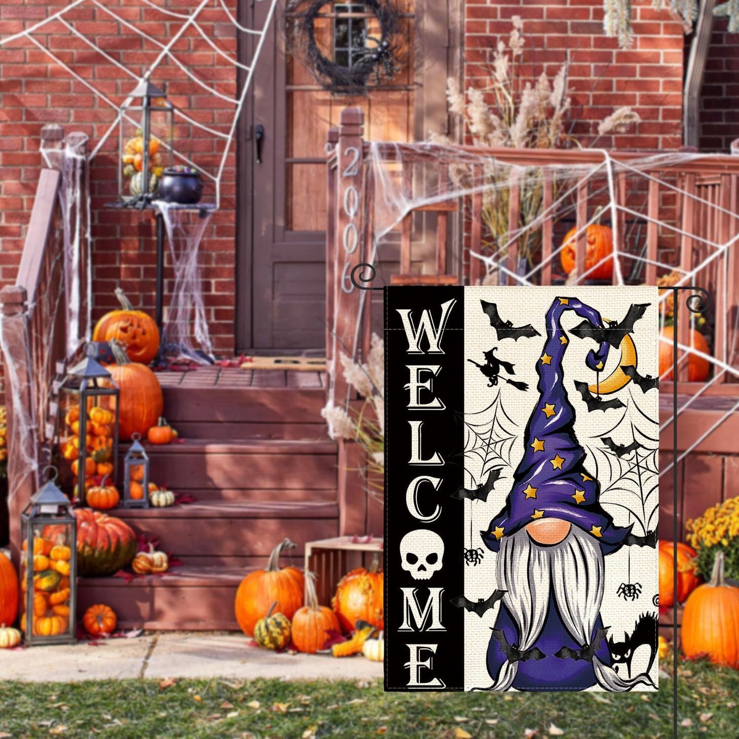 AVOIN colorlife Halloween Welcome Garden Flag Double Sided, Gnome Witch Bat Holiday Yard Party Outdoor Decorative Flag 12x18 Inch