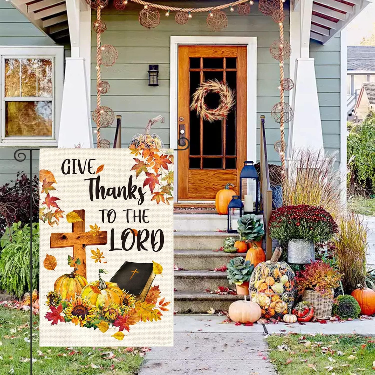 AVOIN colorlife Fall Thanksgiving Give Thanks to The Lord Garden Flag 12 x 18 Inch Double Sided, Pumpkin Maple Leaf Harvest Holiday Yard Outdoor Decorative Flag