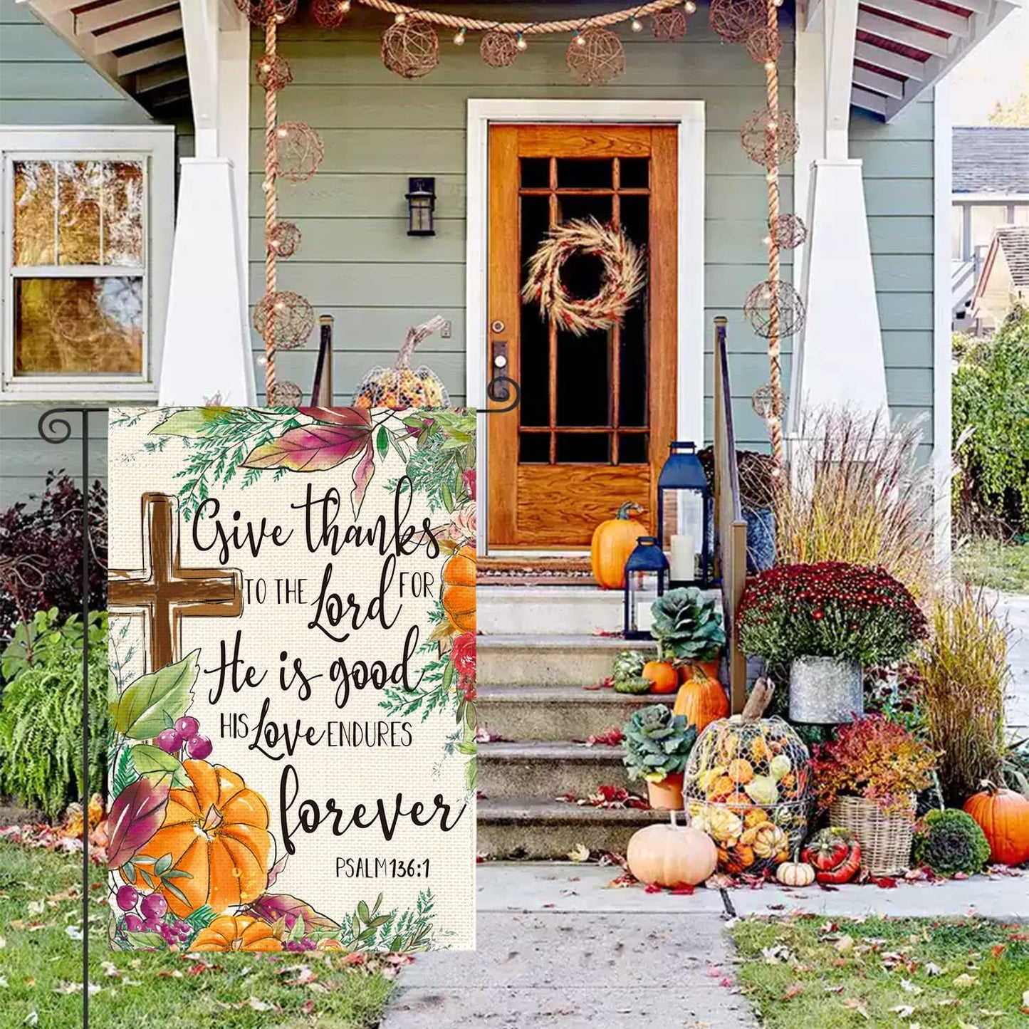 AVOIN colorlife Fall Thanksgiving Garden Flag 12x18 Inch Double Sided, Give Thanks to The Lord Harvest Holiday Yard Outdoor Decorative Flag