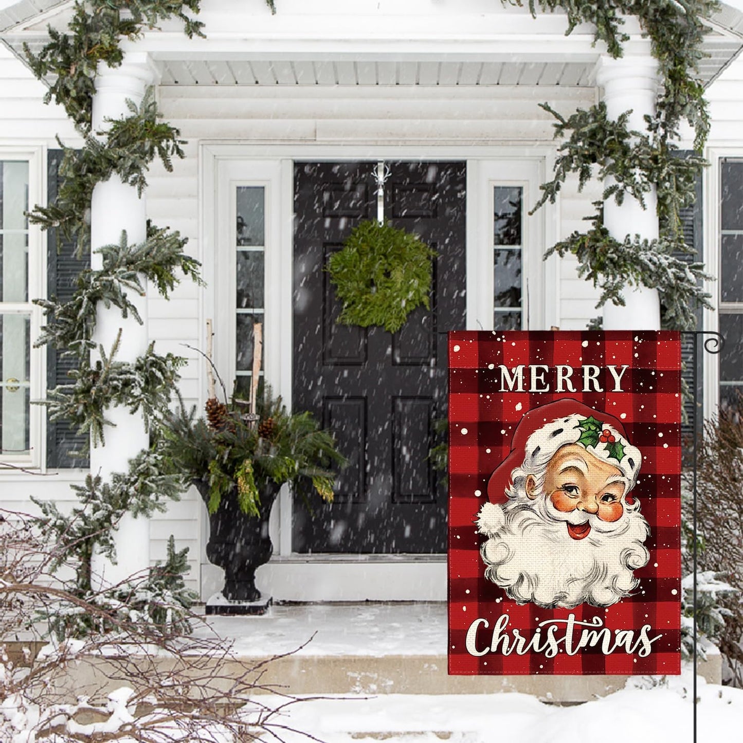 AVOIN colorlife Merry Christmas Santa Claus Garden Flag 12 x 18 Inch Double Sided, Watercolor Buffalo Plaid Winter Holiday Yard Outdoor Decorative Flag