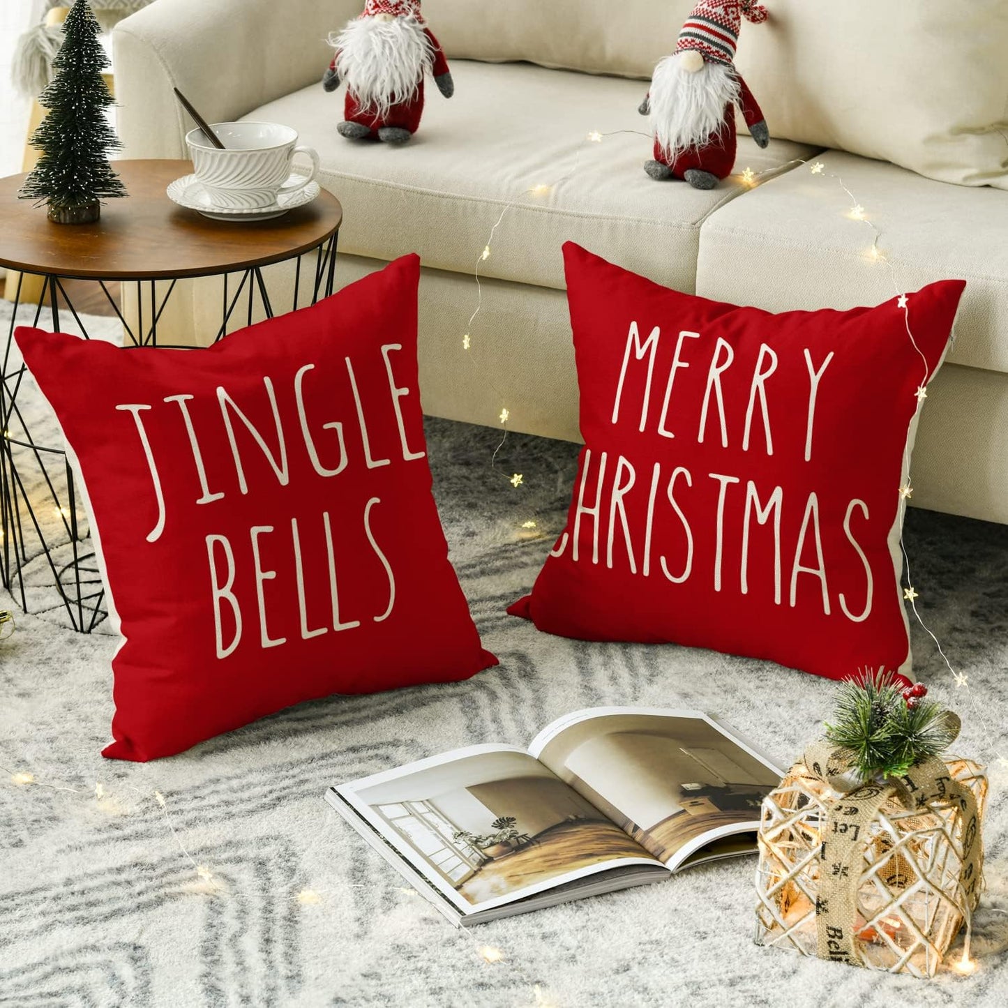 AVOIN Christmas Saying Throw Pillow Cover, 18 x 18 Inch Merry Christmas Jingle Bells Hello Winter FA La La Holiday Cushion Case Decoration for Sofa Couch Set of 4