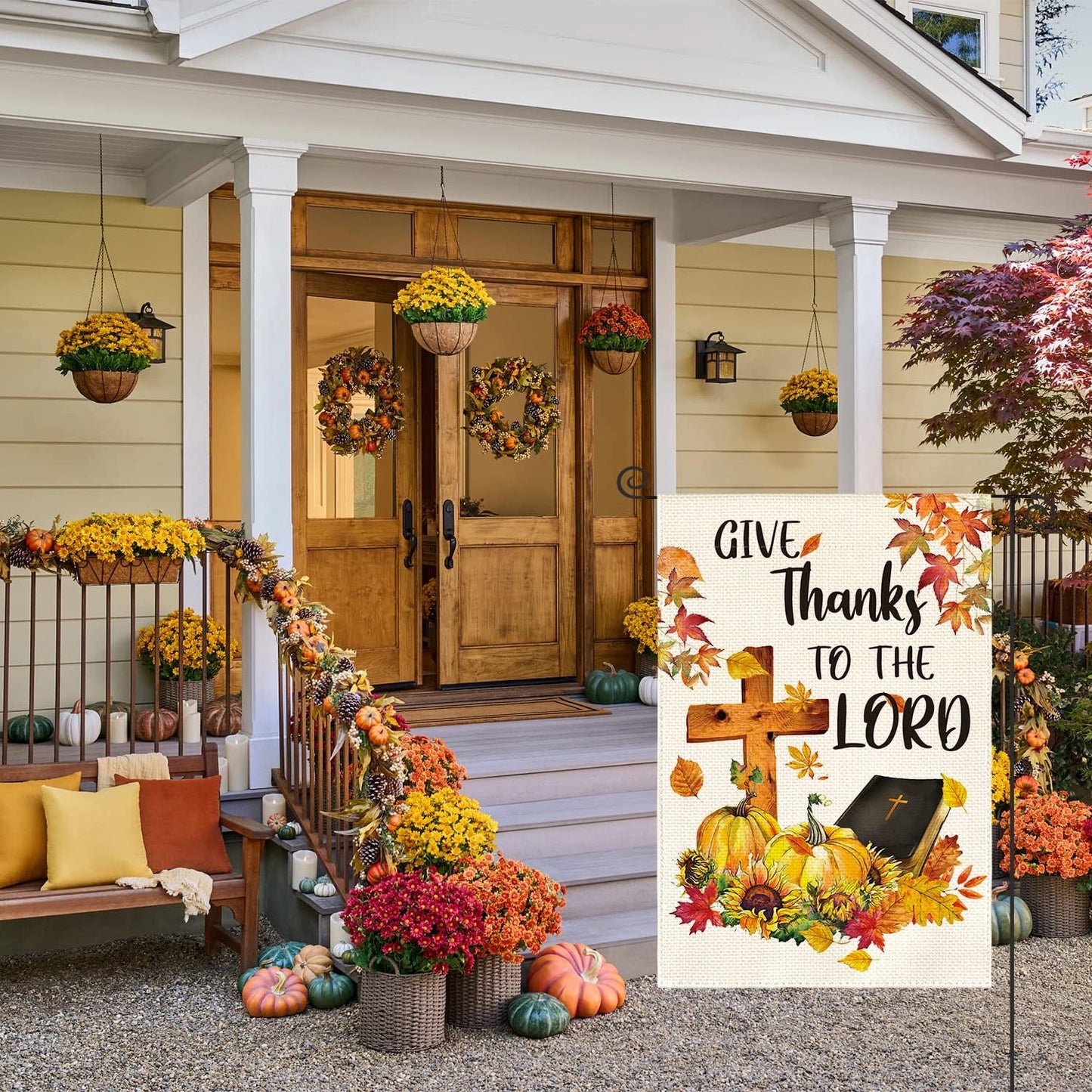 AVOIN colorlife Fall Thanksgiving Give Thanks to The Lord Garden Flag 12 x 18 Inch Double Sided, Pumpkin Maple Leaf Harvest Holiday Yard Outdoor Decorative Flag