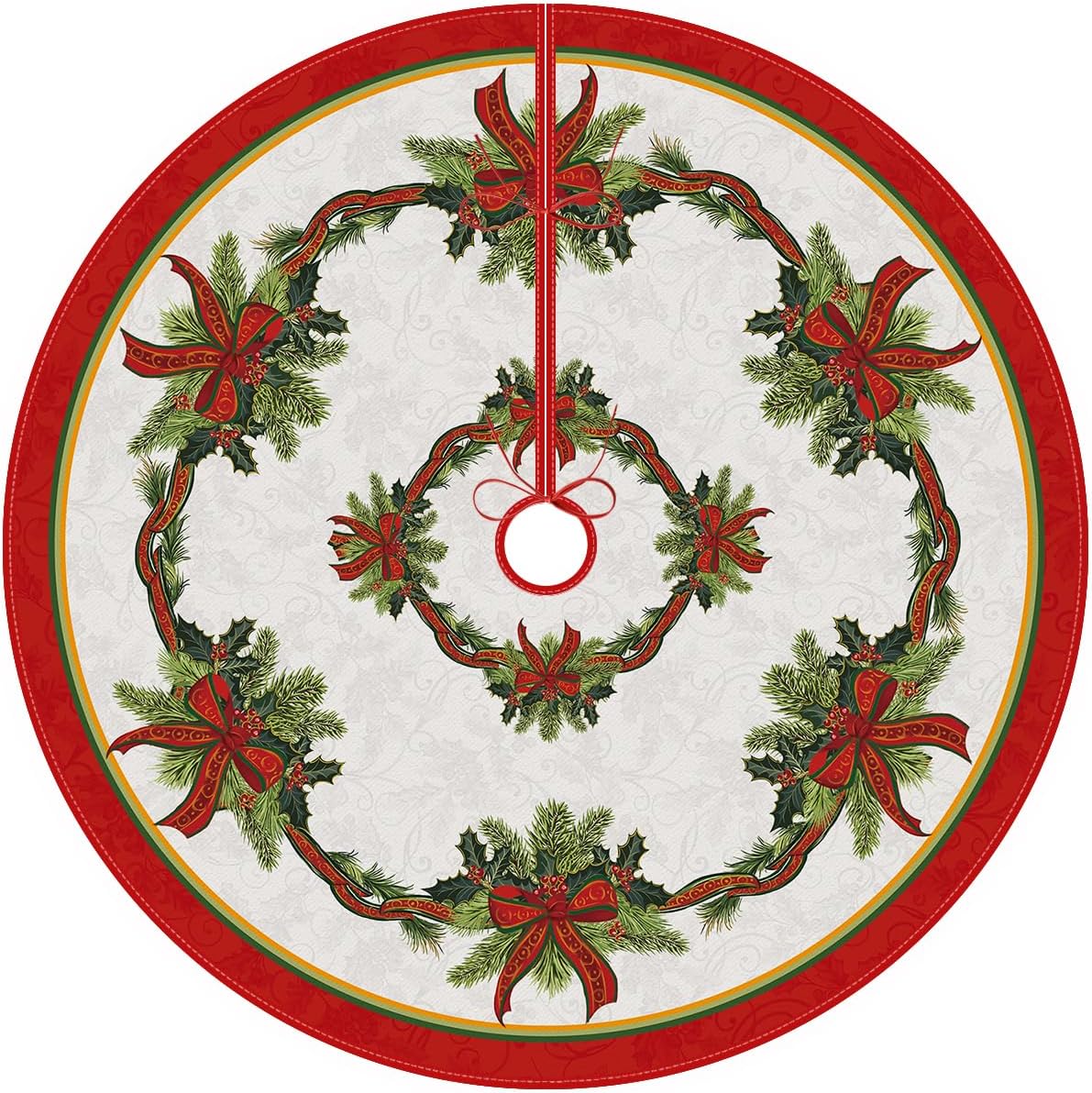 AVOIN colorlife Christmas Tree Skirt 48 Inch, Christmas Ribbon Holly Winter Holiday Tree Mat Decoration