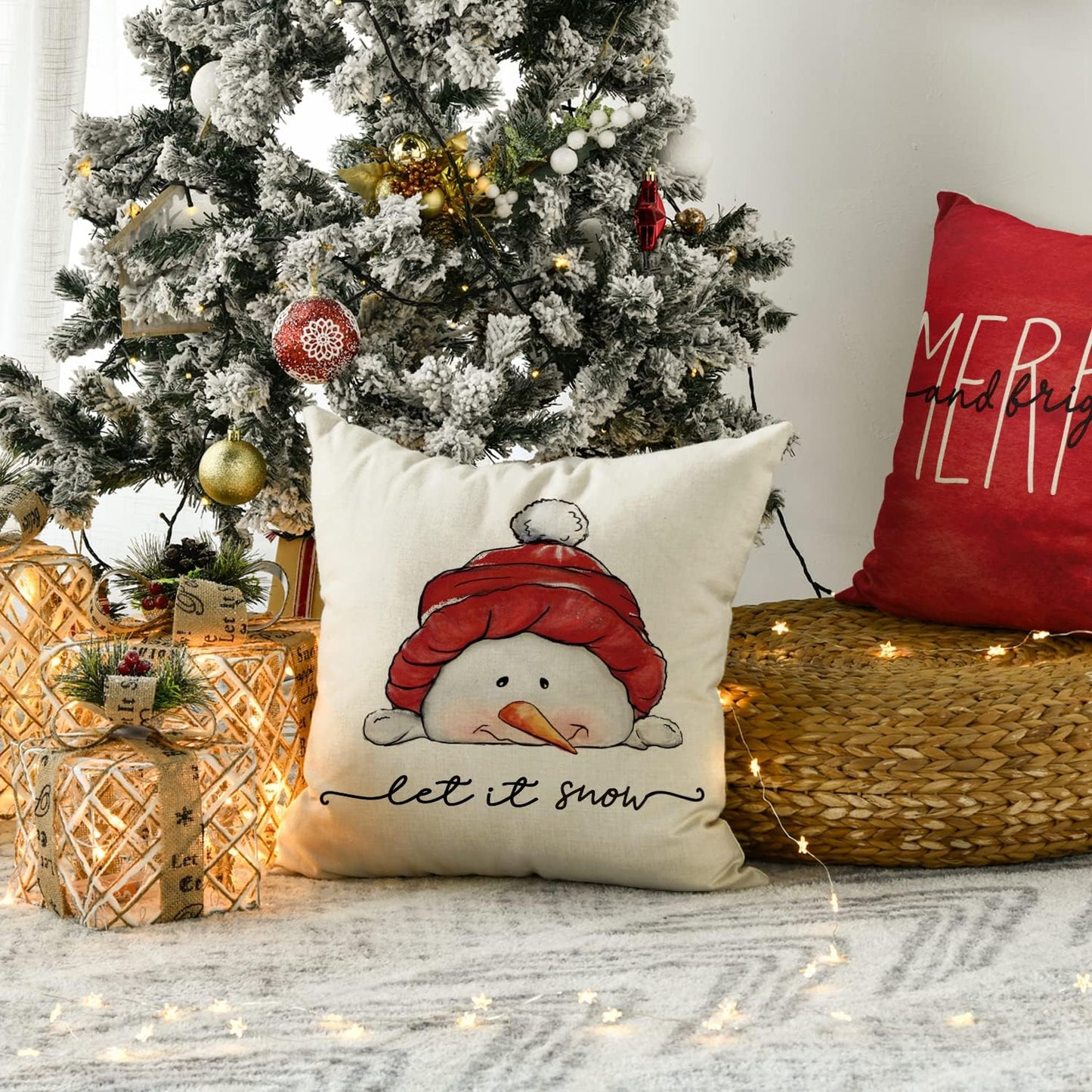 AVOIN colorlife Christmas Blessing Santa Claus Snowman Throw Pillow Covers, 18 x 18 Inch Winter Holiday Cushion Case Decoration for Sofa Couch Set of 4