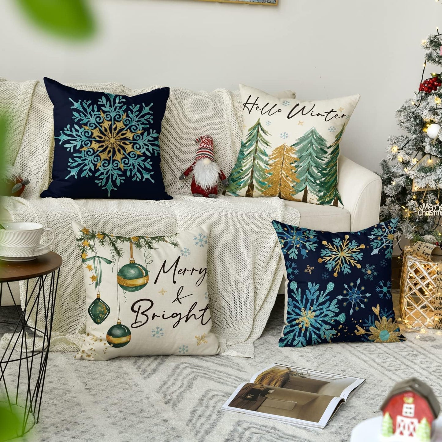 AVOIN colorlife Christmas Merry & Bright Snowflake Tree Ornament Throw Pillow Covers, 18 x 18 Inch Hello Winter Holiday Cushion Case Decoration for Sofa Couch Set of 4