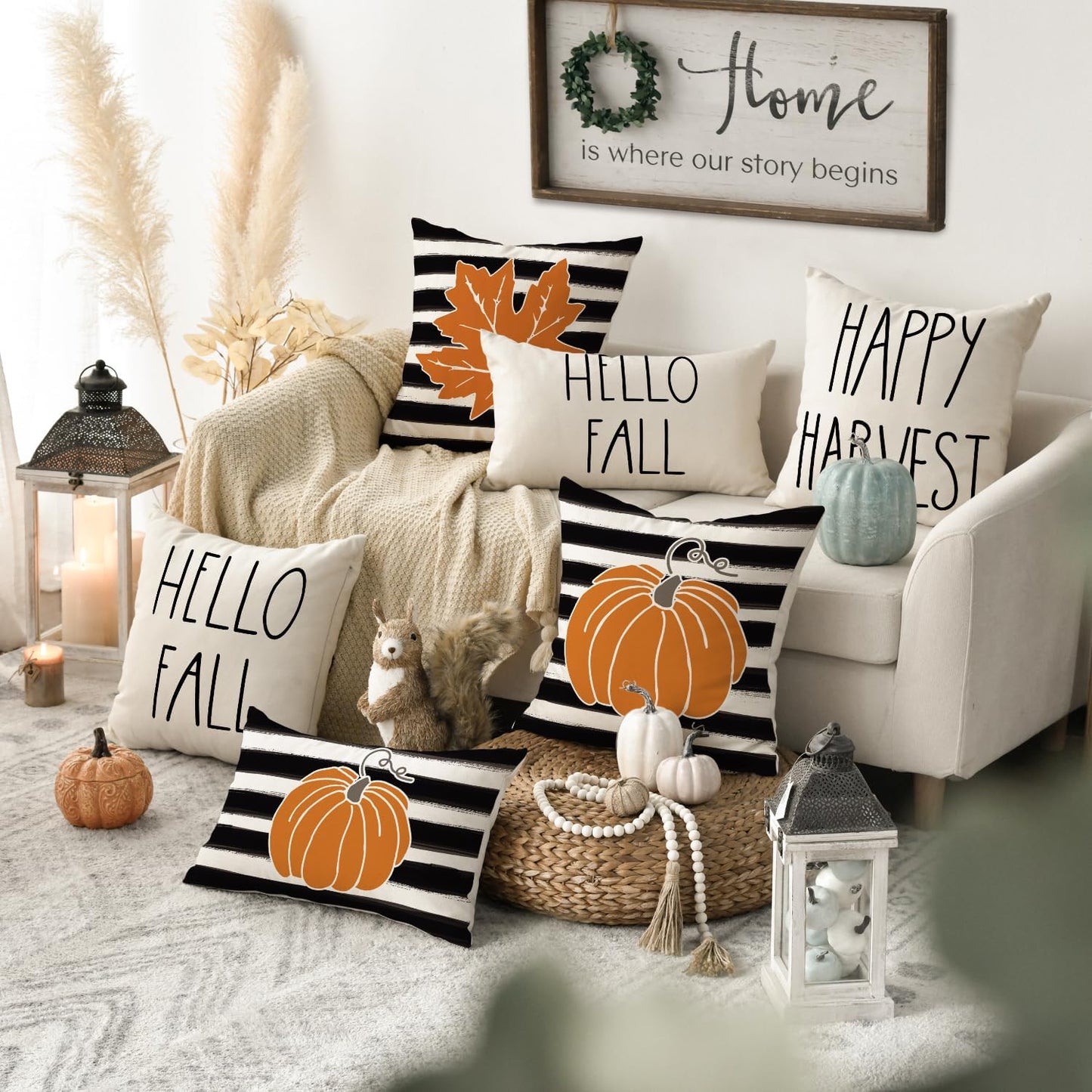 AVOIN colorlife Hello Fall Watercolor Stripes Pumpkin Leaf Throw Pillow Cover Happy Harvest, 18 x 18 Inch Autumn Thanksgiving Farmhouse Cushion Case for Sofa Couch Set of 4