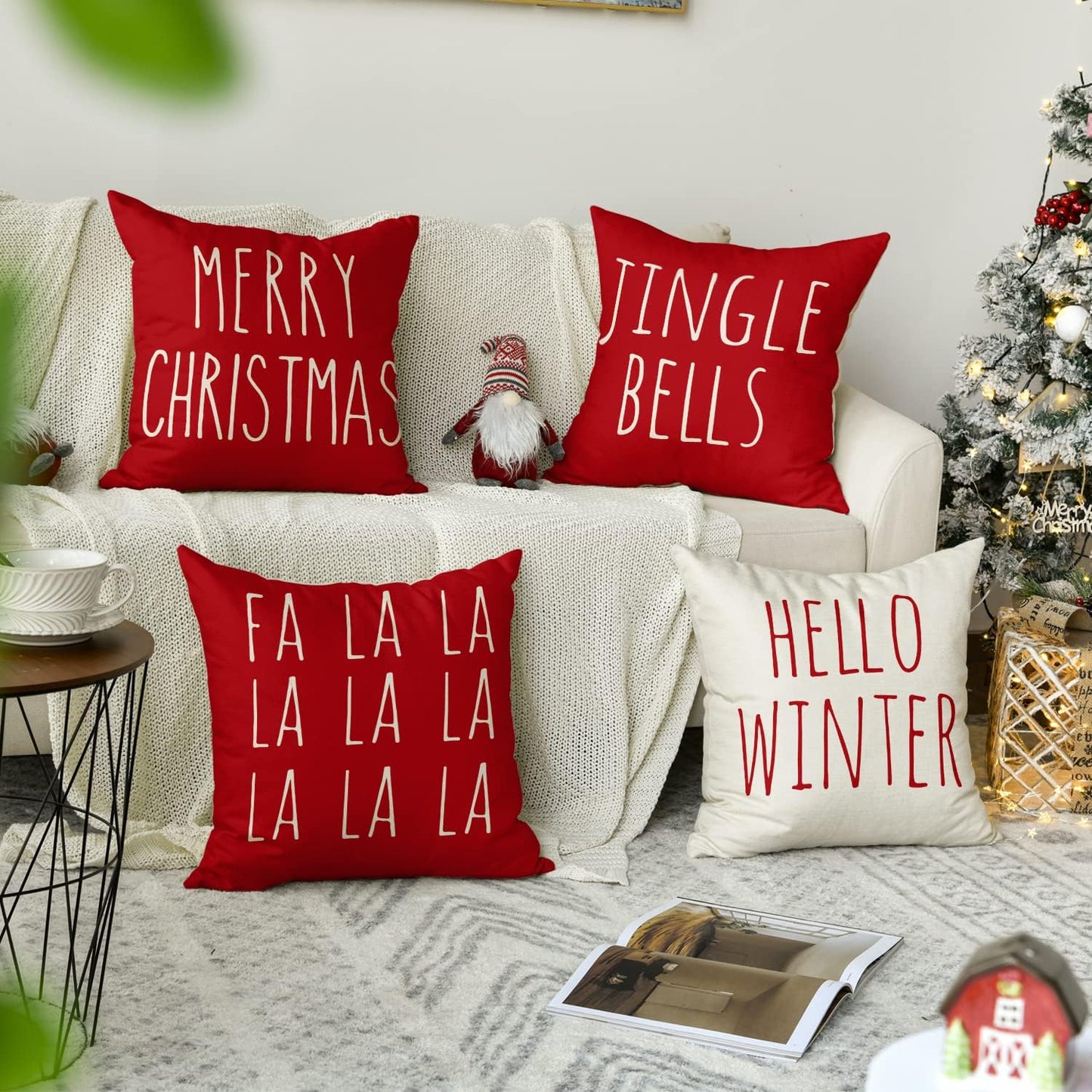 AVOIN Christmas Saying Throw Pillow Cover, 18 x 18 Inch Merry Christmas Jingle Bells Hello Winter FA La La Holiday Cushion Case Decoration for Sofa Couch Set of 4