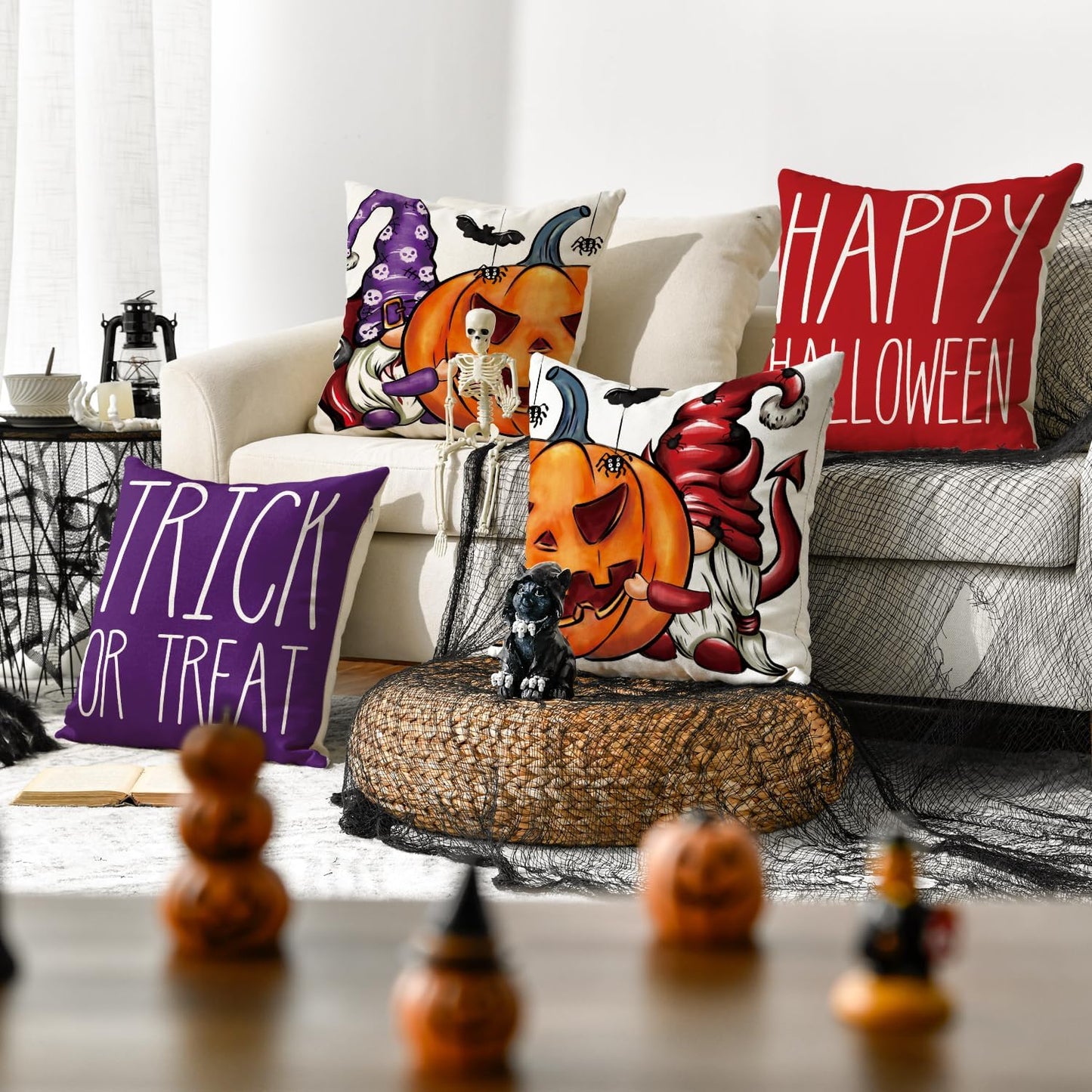 AVOIN colorlife Happy Halloween Trick or Treat Throw Pillow Covers, 18 x 18 Inch Jack o' Lantern Gnome Pillow Cases Decoration for Home Sofa Couch